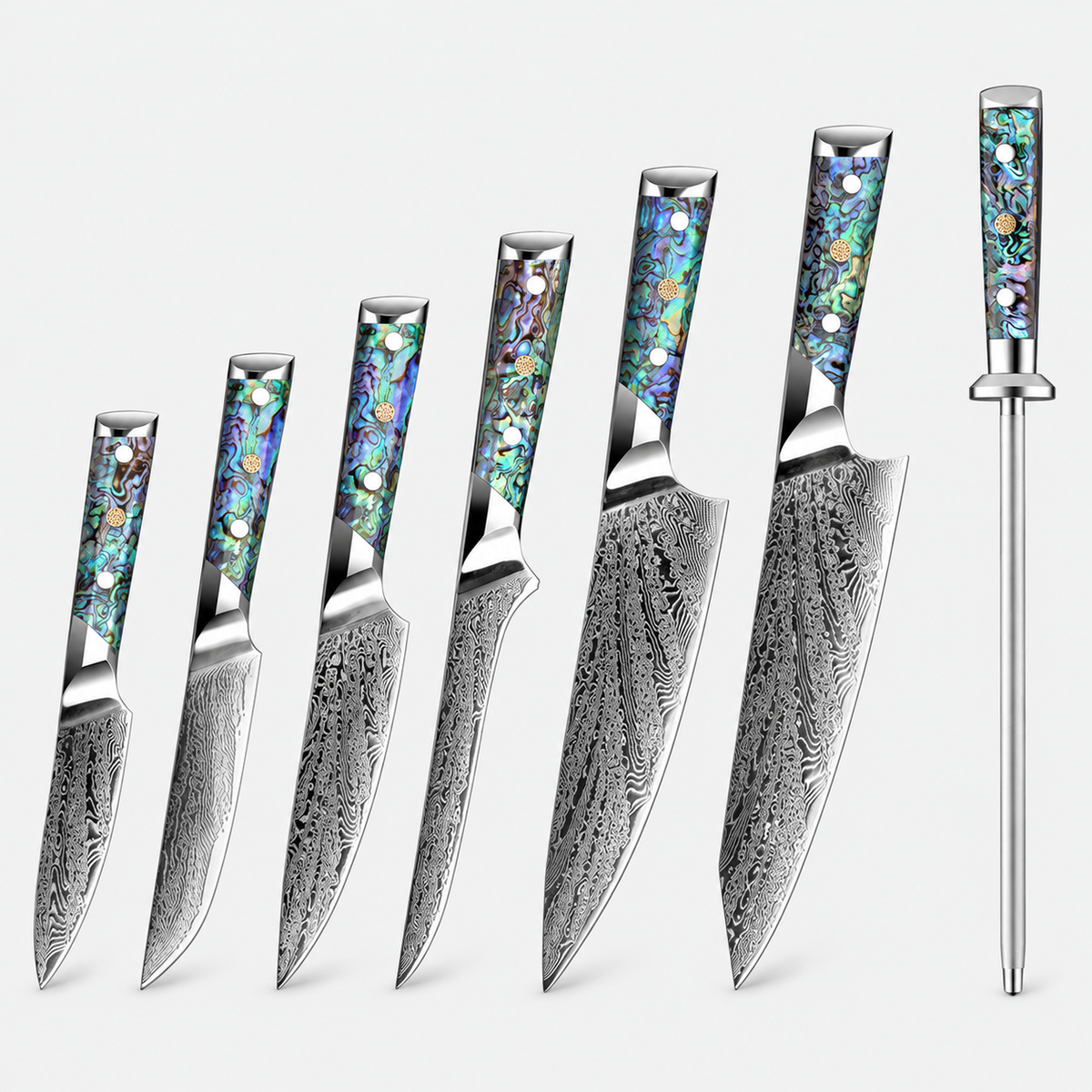 Nacre Essentielle — 6 couteaux Damas et fusil — vue complète sur fond gris