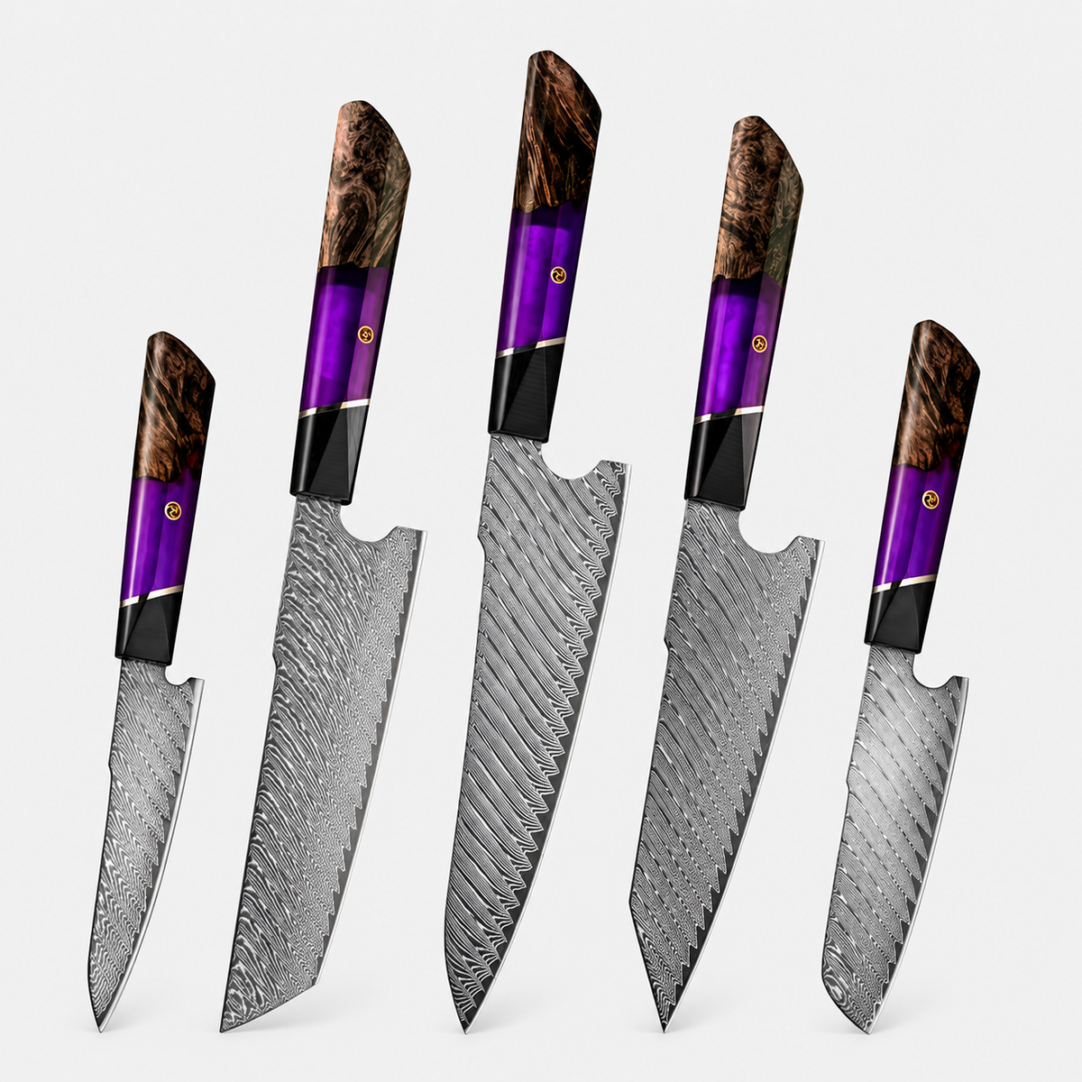 Améthyste — 5 couteaux Damas violets — vue complète sur fond gris