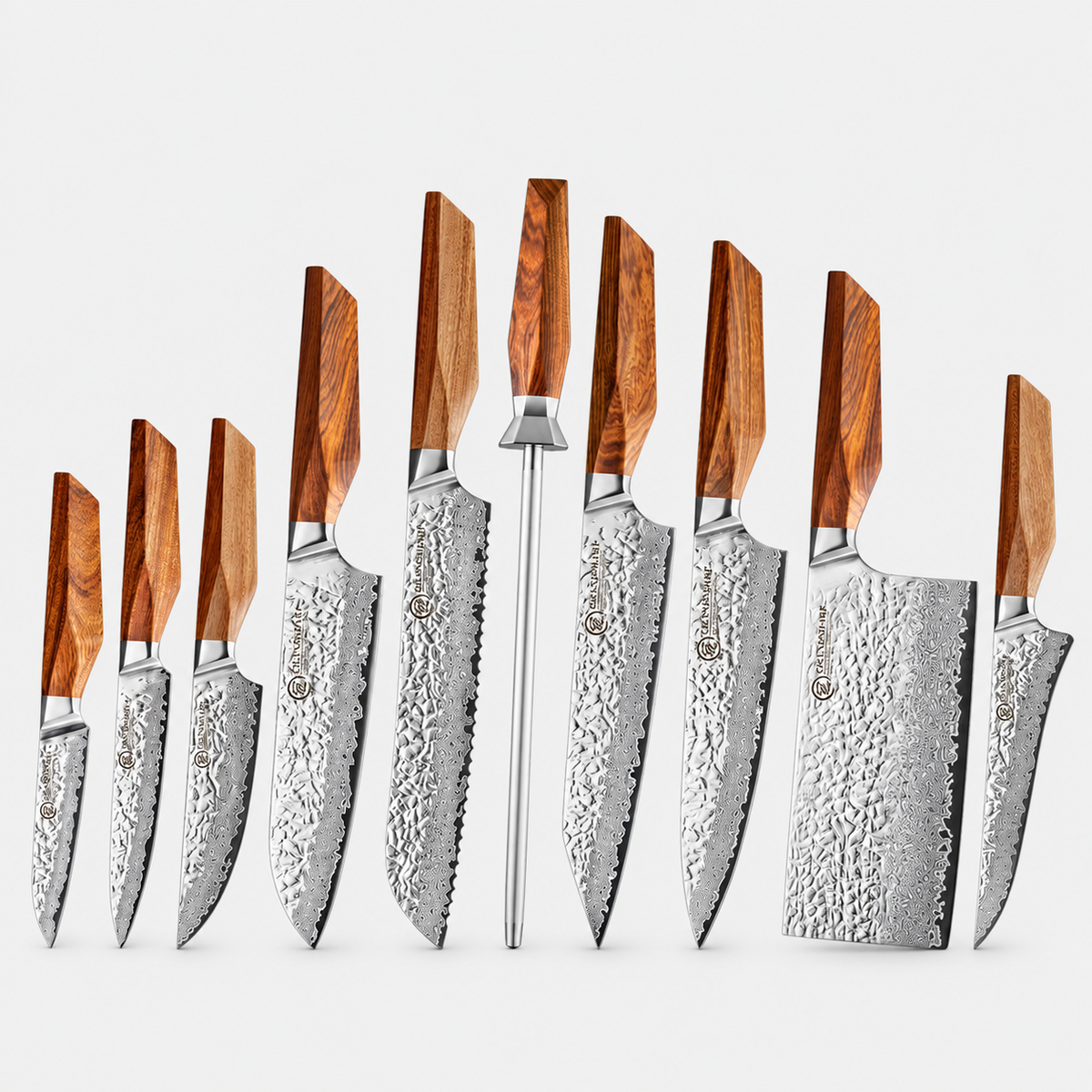 Roseau Grand Service — 10 couteaux Damas et coffret — vue complète sur fond gris
