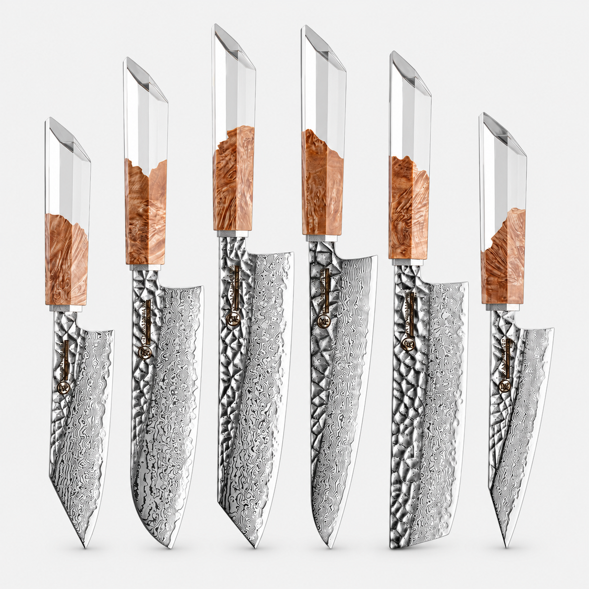 Cristal de Bois — 6 couteaux Damas et coffret — vue complète sur fond gris