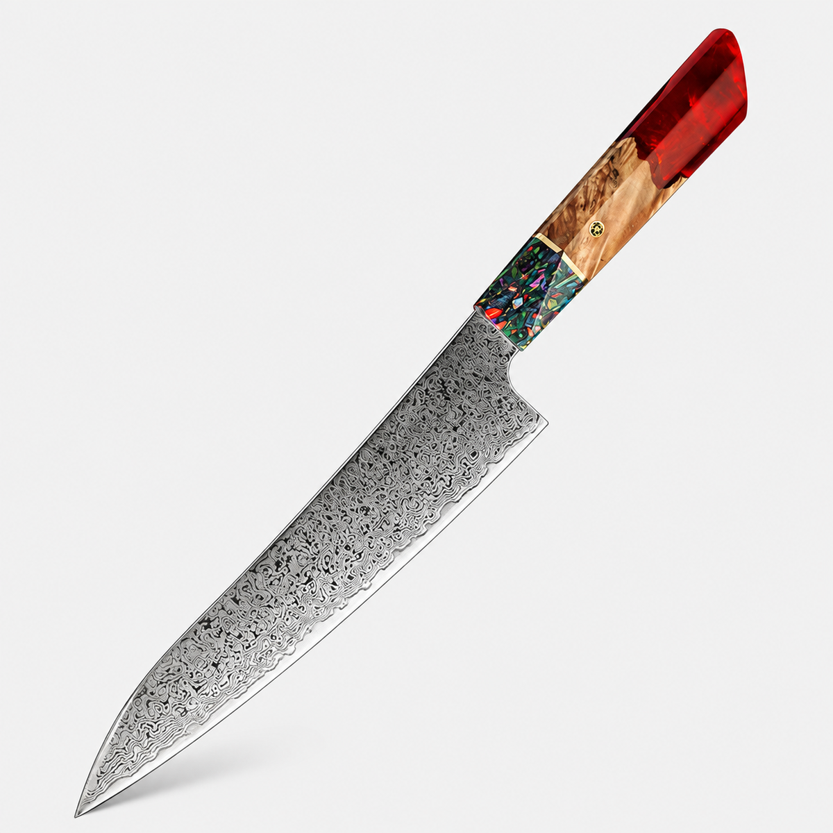 Chef Flamme — Couteau Damas 8,5 pouces — vue complète sur fond gris