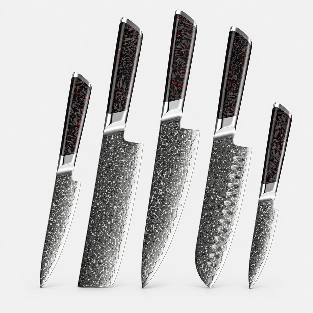 Carbone Tracé — 5 couteaux Damas et coffret — vue complète sur fond gris
