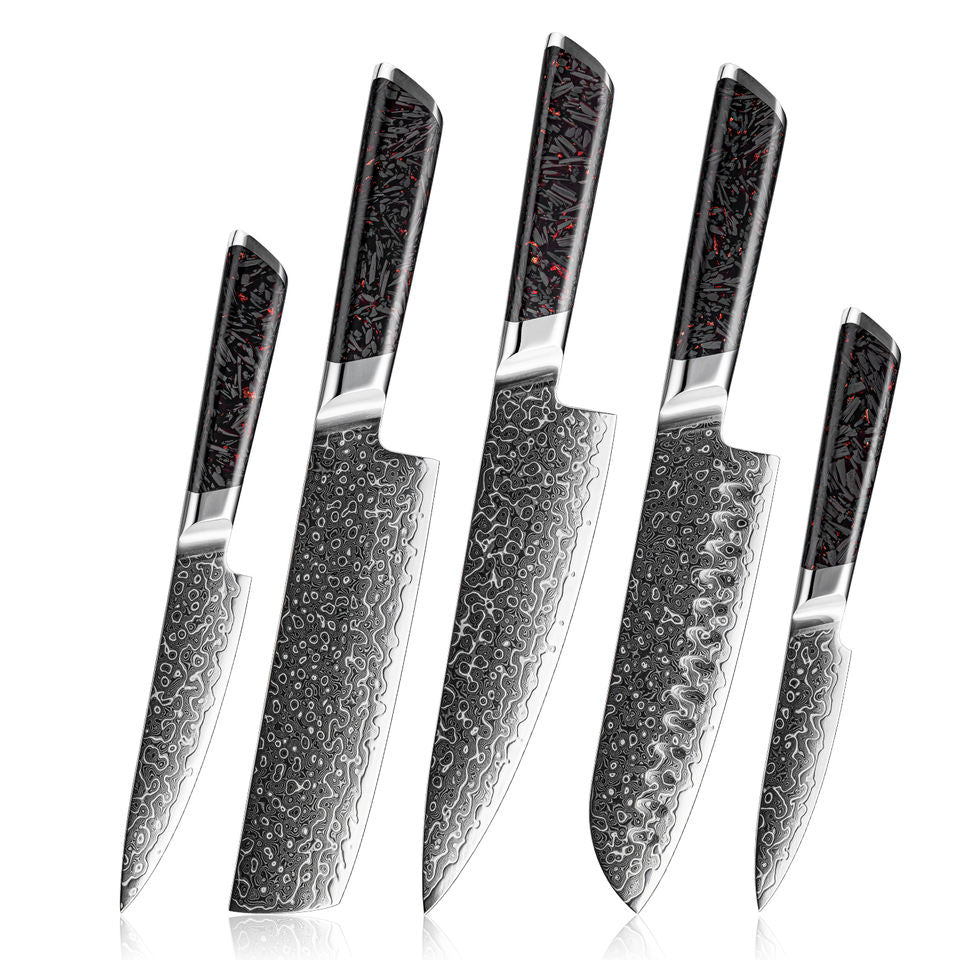 Carbone Tracé — 5 couteaux Damas et coffret
