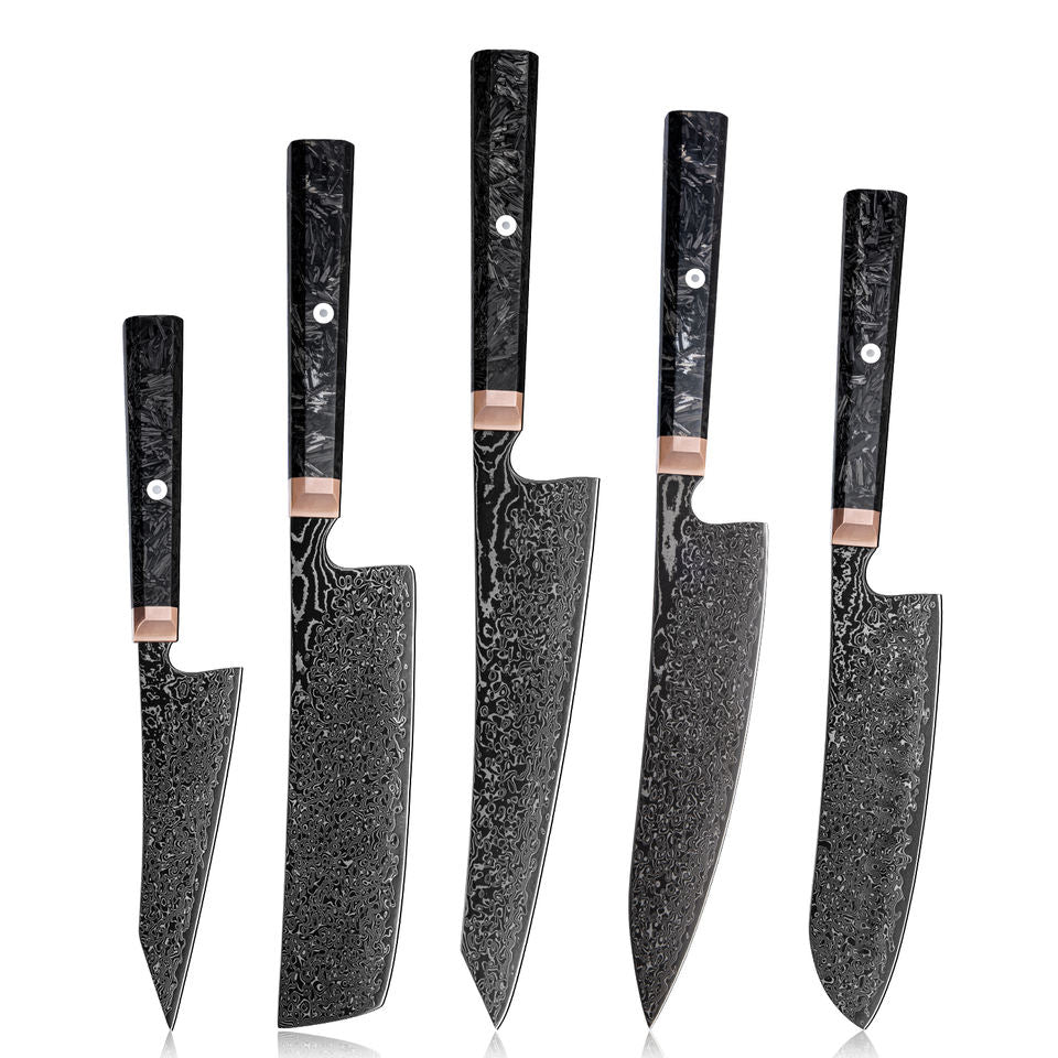 Carbone Cuivré — 5 couteaux Damas et coffret