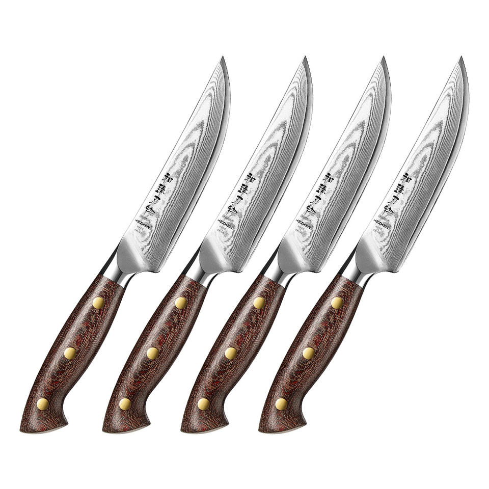 Cuivré — 4 couteaux à steak Damas — contenu complet
