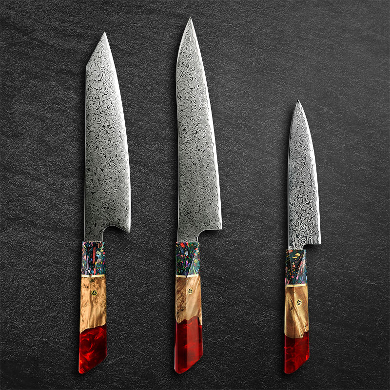 Trio Flamme — 3 couteaux Damas et coffret