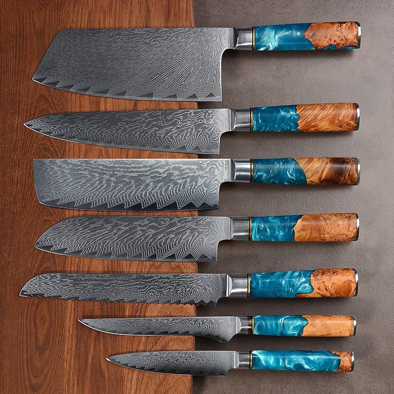 Coffret Rivage — 7 couteaux Damas, bois et résine bleue — vue 2