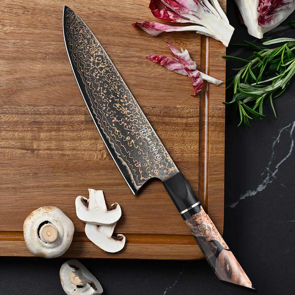 Couteau de chef Cuivre Minéral — 20,3 cm — détail et mise en situation