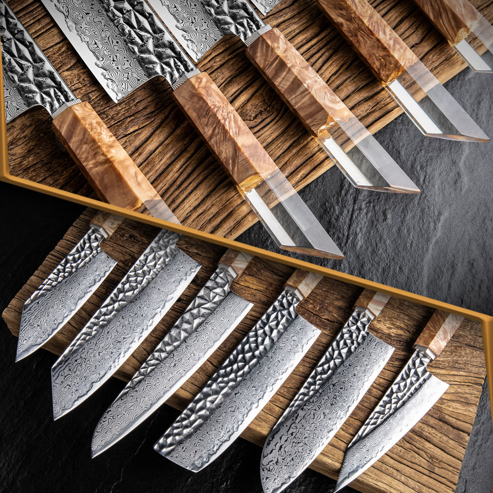 Cristal de Bois — 6 couteaux Damas et coffret