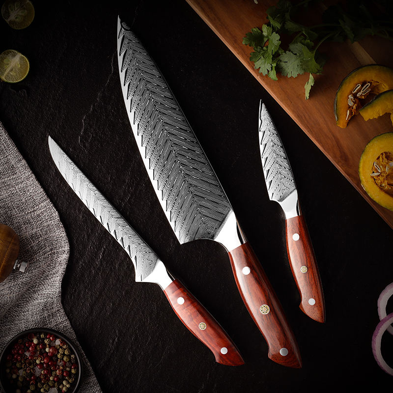 Trio Roseau — 3 couteaux Damas