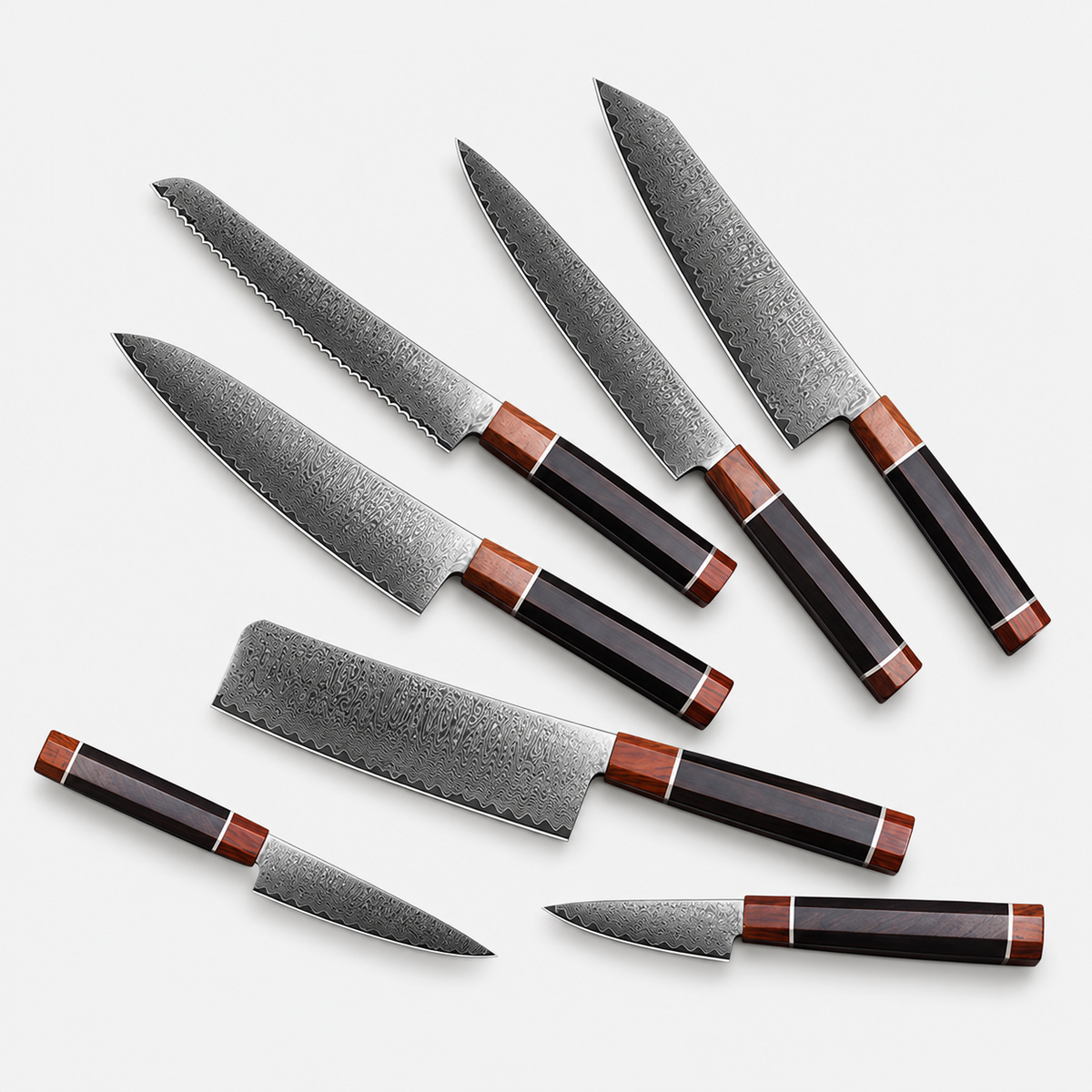 Coffret Ébène Facetté — 7 couteaux — vue sur fond gris