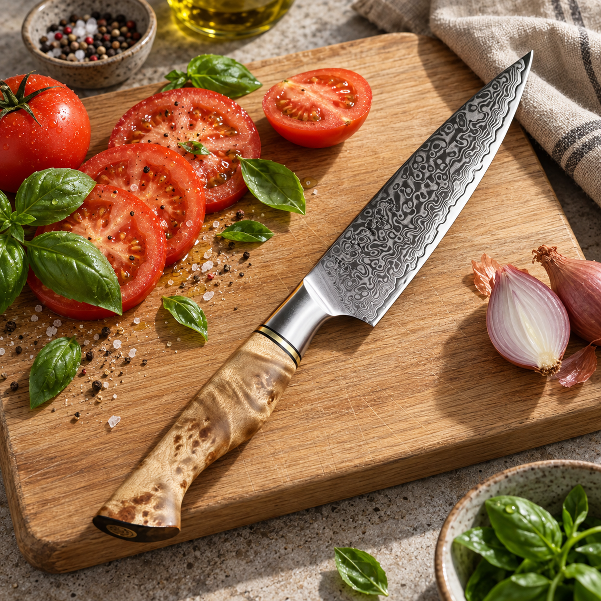Couteau de chef Signature sur une planche avec tomates et basilic