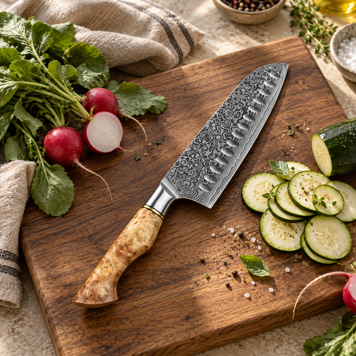Santoku Signature sur une planche avec courgettes et radis.