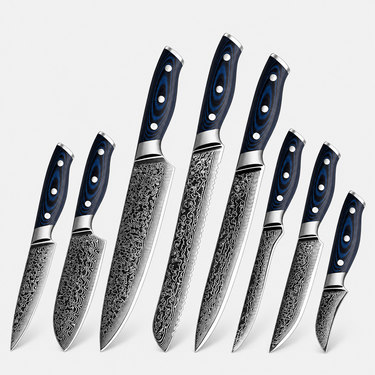 Bleu Grand Atelier — 8 couteaux Damas — vue complète sur fond gris