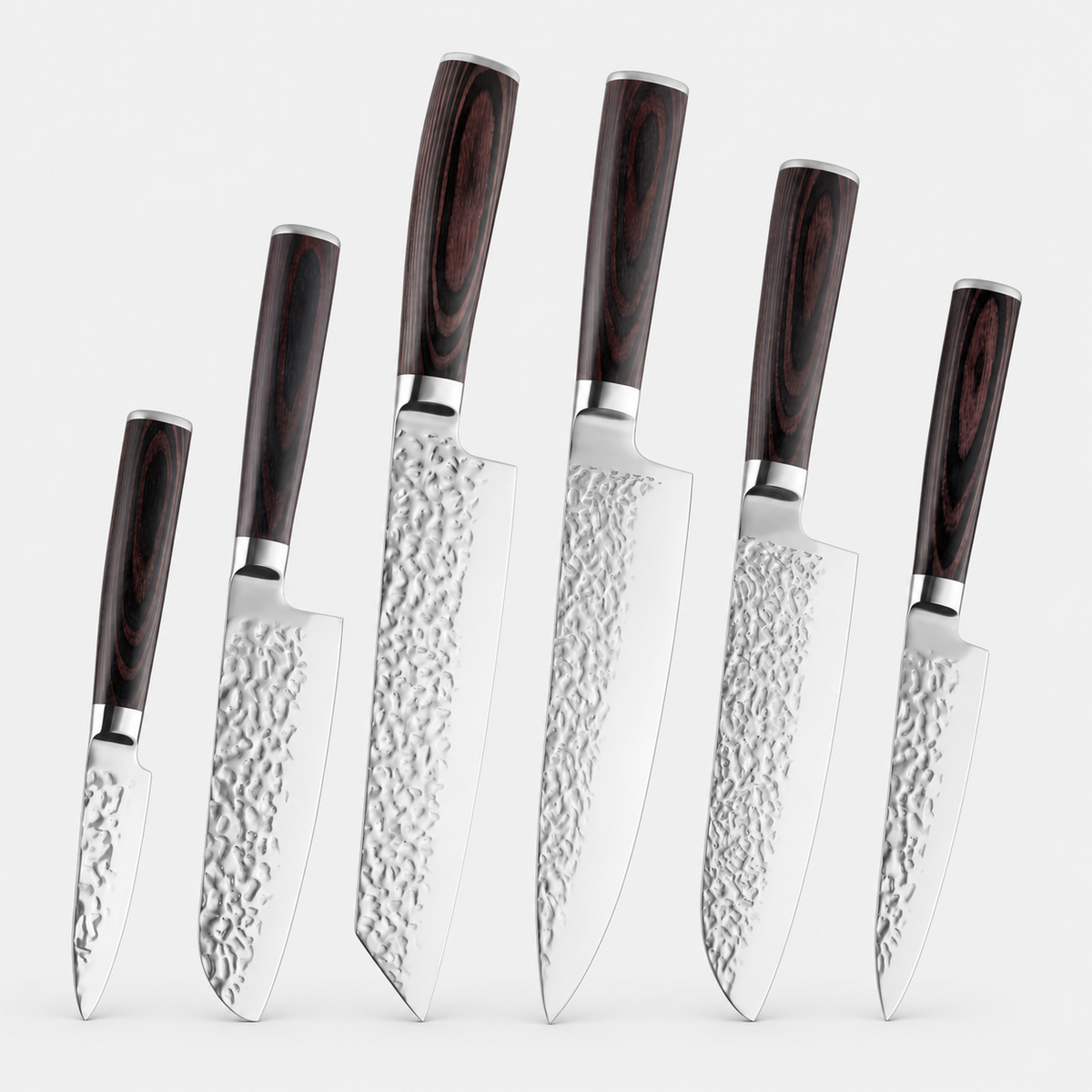 Brun Essentiel — 6 couteaux de cuisine — vue complète sur fond gris