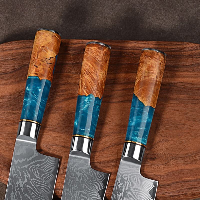 Coffret Rivage — 7 couteaux Damas, bois et résine bleue — vue 3