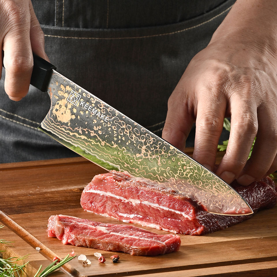 Couteau de chef Cuivre Minéral — 20,3 cm — détail et mise en situation