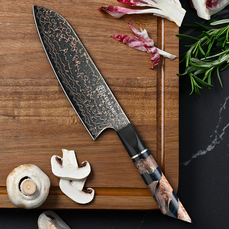Santoku Cuivre Minéral — 17,8 cm — détail et mise en situation