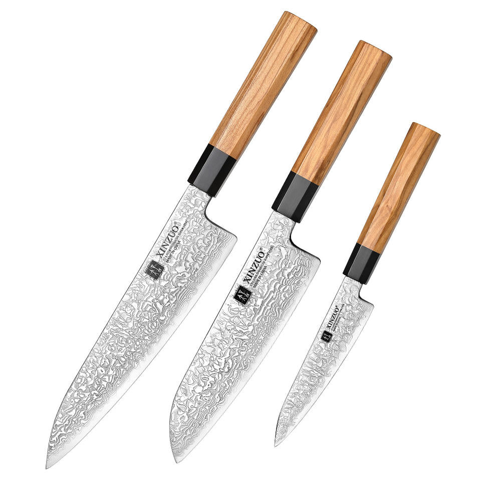Trio Olivette — 3 couteaux Damas — contenu complet