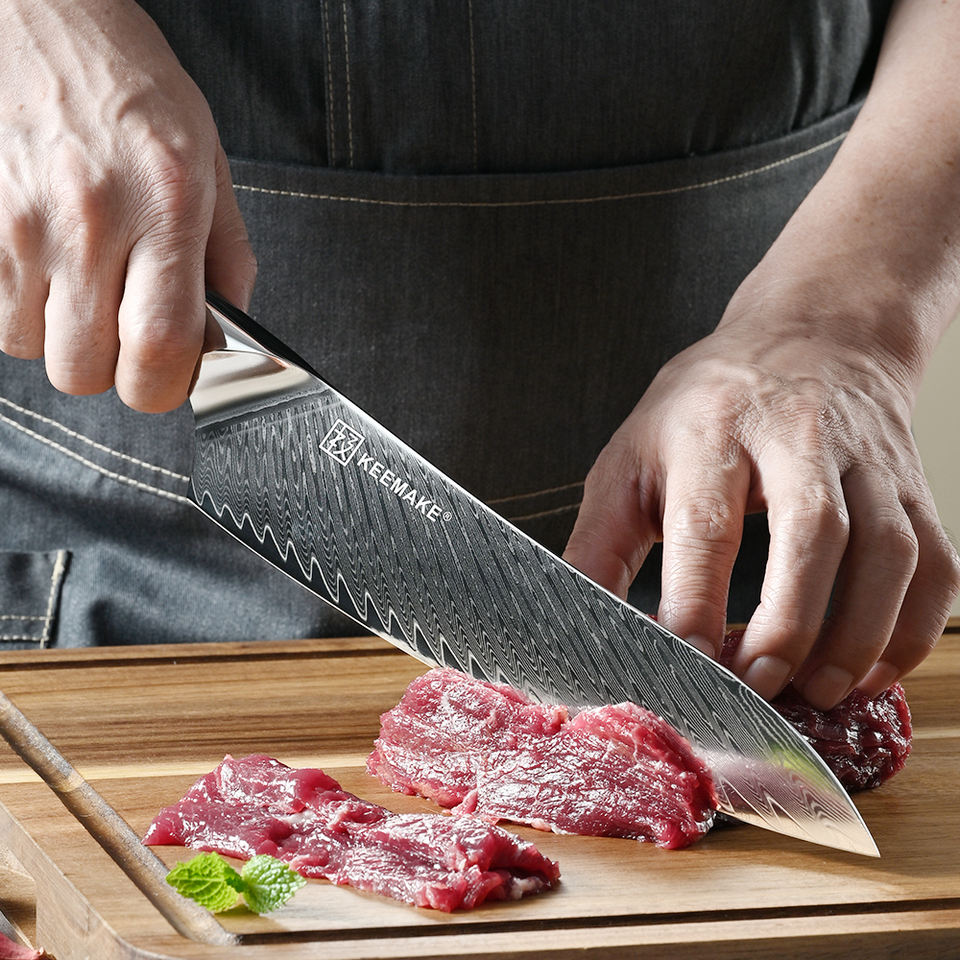 Couteau de chef Obsidienne — 22,9 cm — détail et mise en situation
