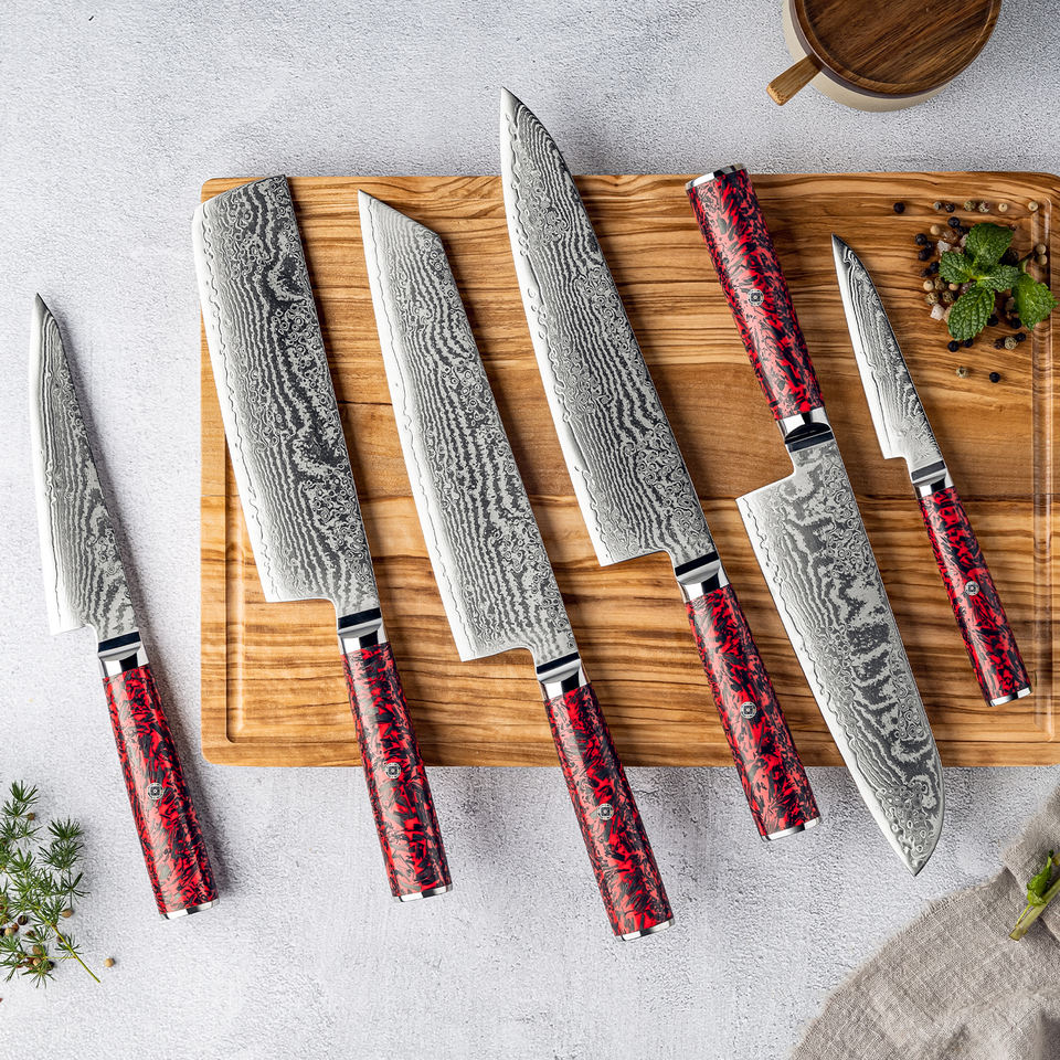 Carmin — 6 couteaux Damas et coffret