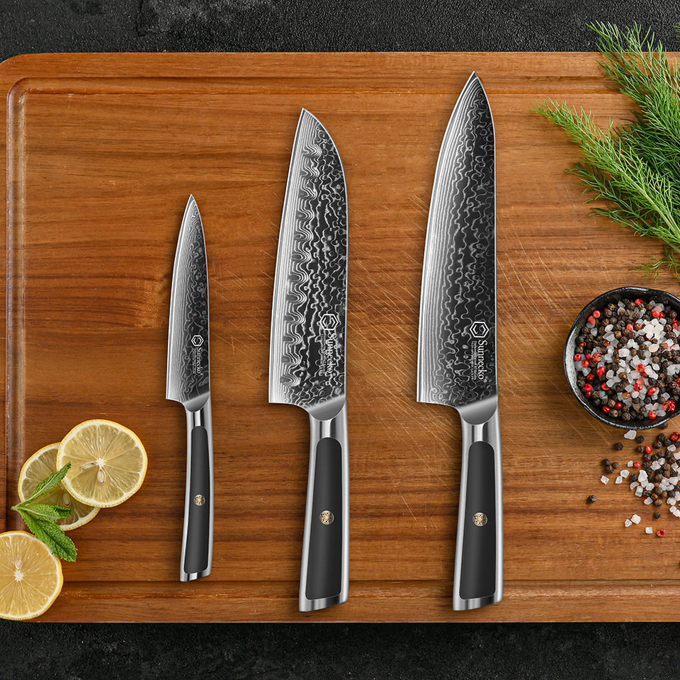 Coffret Graphite — 3 couteaux — détail et mise en situation