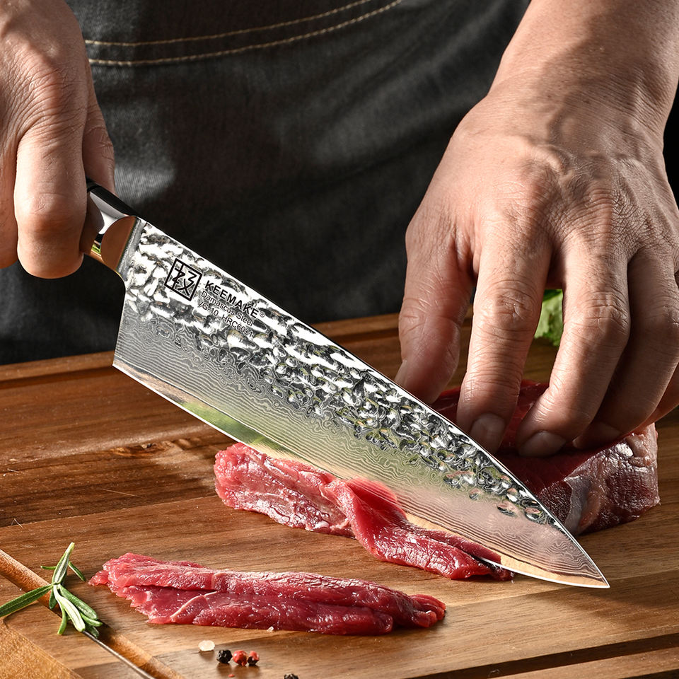 Couteau de chef Azur Martelé — 20,3 cm — détail et mise en situation
