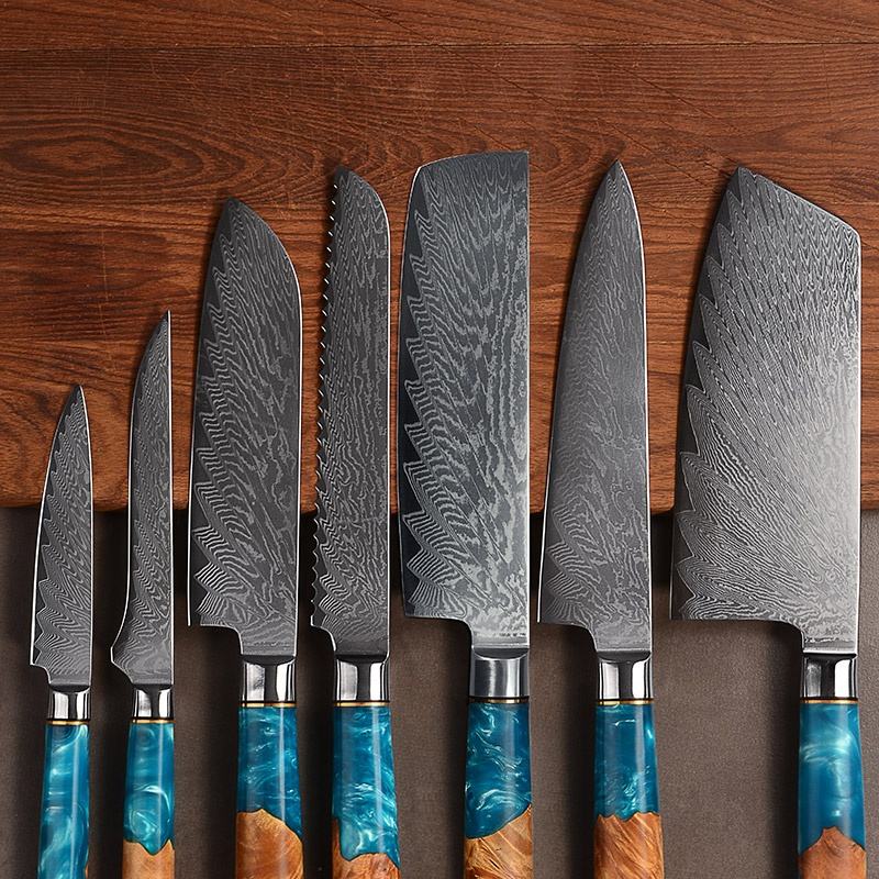 Coffret Rivage — 7 couteaux Damas, bois et résine bleue — vue 4