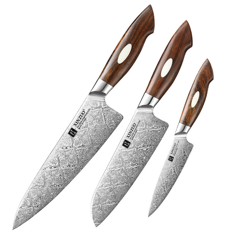 Trio Terre Éclat — 3 couteaux Damas — contenu complet