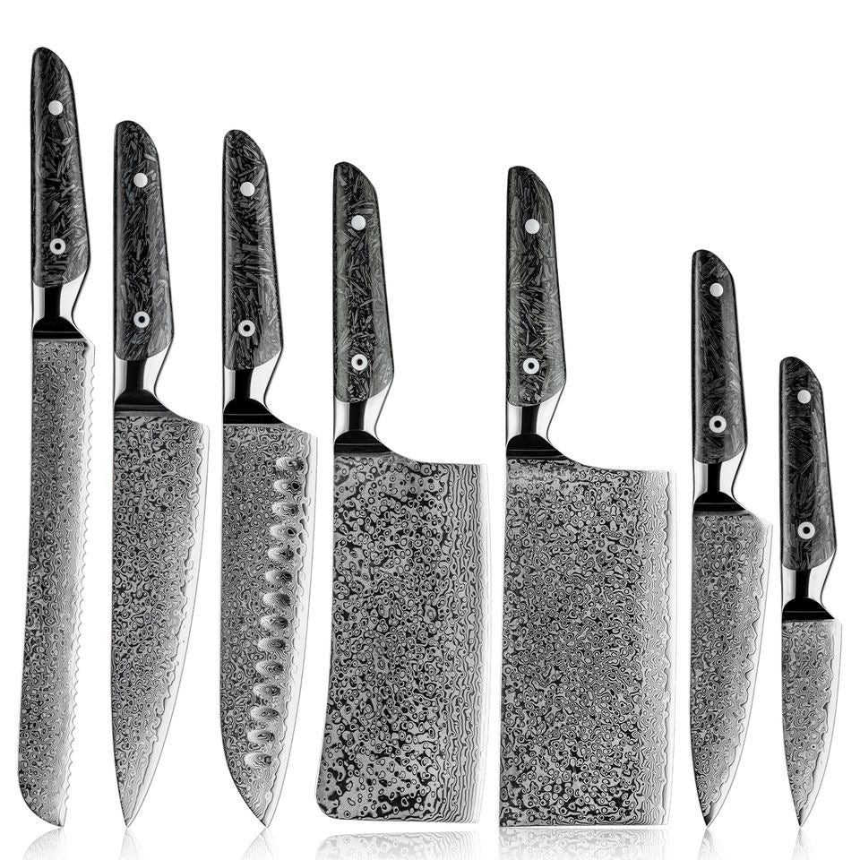 Carbone Intégral — 7 couteaux Damas et coffret