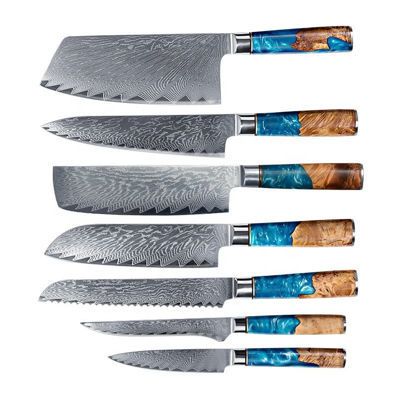 Coffret Rivage — 7 couteaux Damas, bois et résine bleue