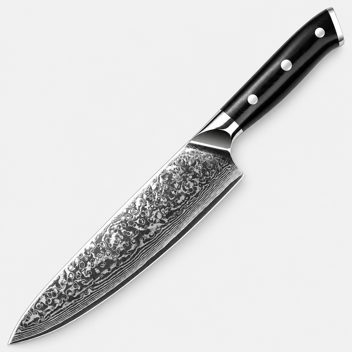 Couteau de chef Noir Martelé — 20,3 cm — vue sur fond gris